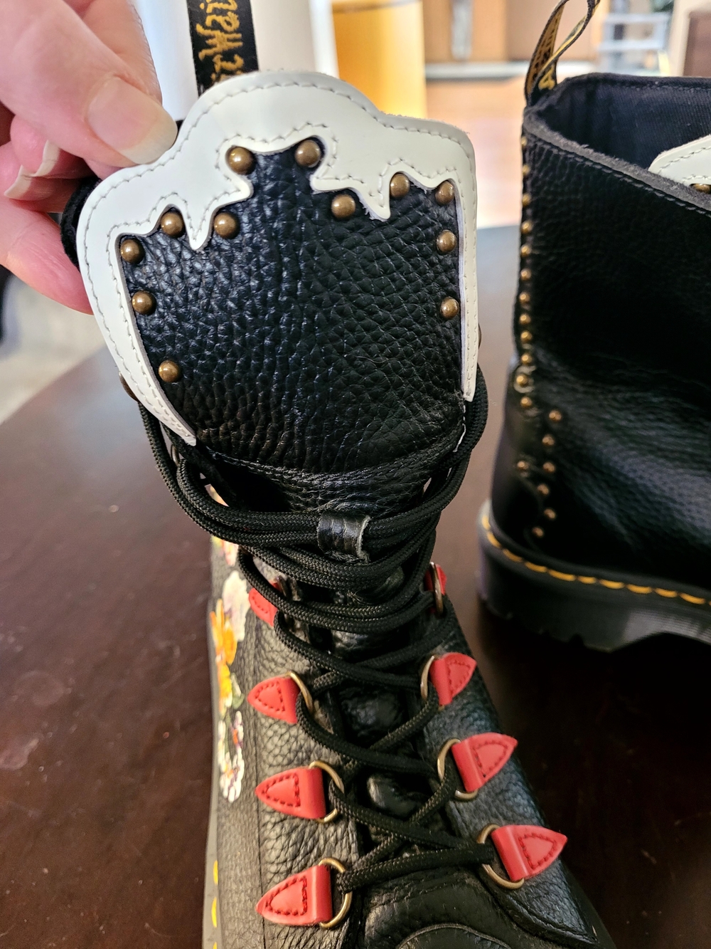 Dr. Martens Black Leather Lace-Up Boots with Red Eyelets, Floral Embroidery. 8w - Picture 3 of 7